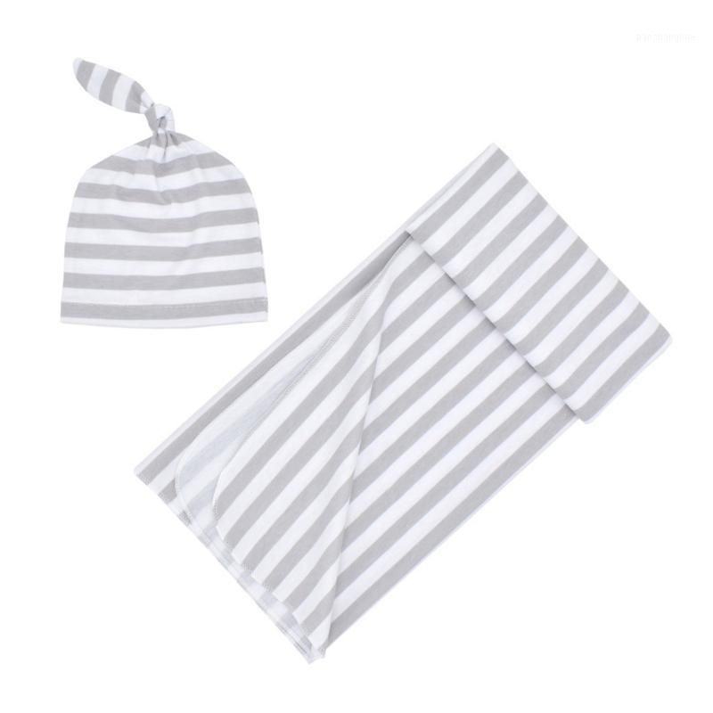 

2pcs Wrapping Newborn Sleeping Home Cute Beanie Infant Bedding Boy Girl Swaddle Blanket Striped Fashion Bathing Baby Clothes Set1, Grey