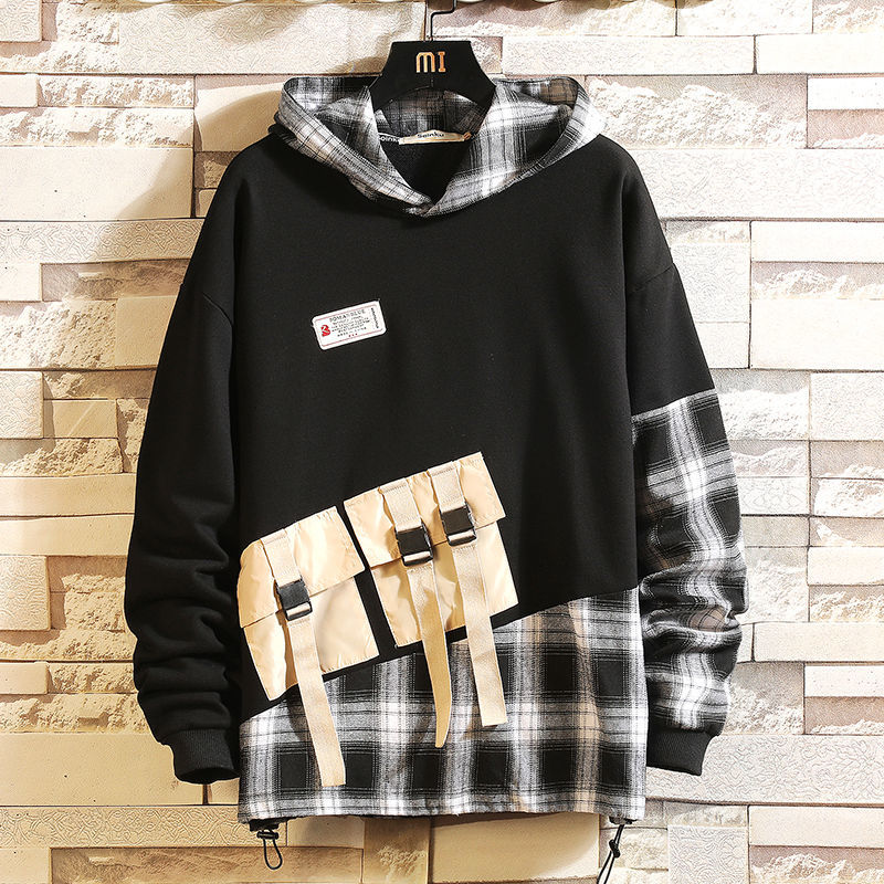 

2021 New Spring New Hoodie Splicing Free Male Size Chess Long Sleeve Fat Tide Work Done with Black Hip Tools Sweaters TME3, White.