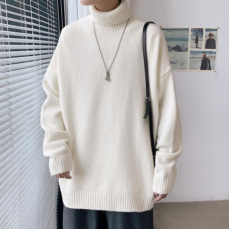 

Korean Couple Style Sweater Men Women Turtleneck Long Sleeve Solid Color Knitwear Top Quality Student Simple Casual Loose Jumper, White 2664