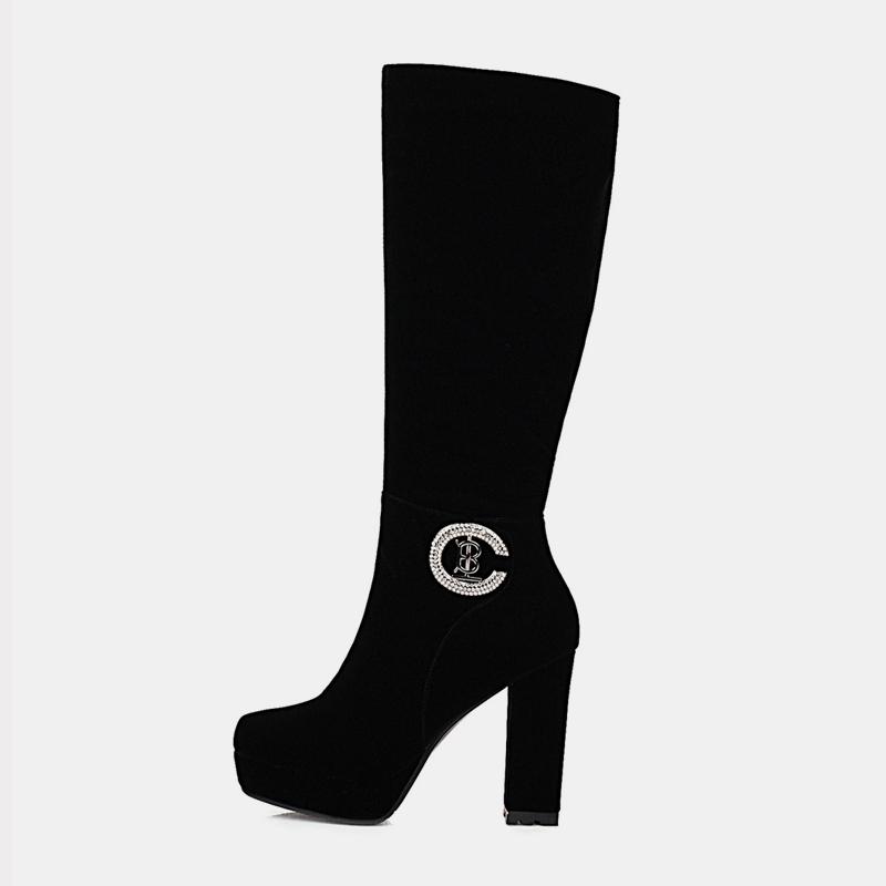 

Arden Furtado 2020 winter fashion consice Round toe Waterproof Chunky heels Side zipper black Knee high bootsWomen's boots