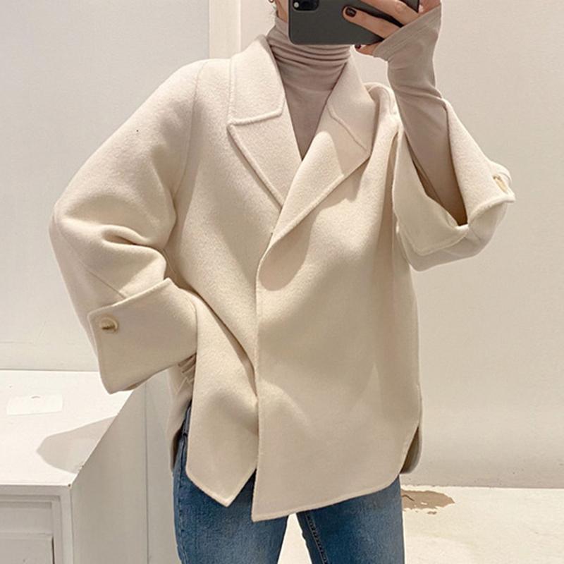 

EWQ] 2020 Autumn Winter Female Elegantesweet Jacket Turn-down Collar Long-sleeved Covered Button Minimalist Woolen Woolen Coat, Black