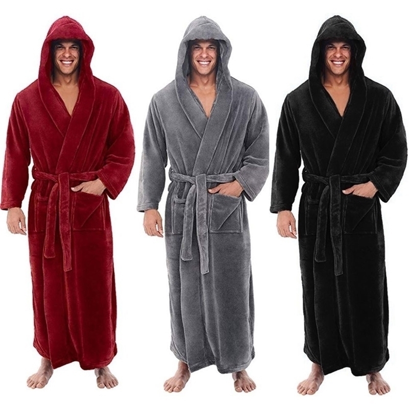 

Men Bathrobe Winter Lengthened Shawl Lounge Sleepwear Bathrobe Home Cloth Bath Robe Long Sleeved Robe Coat Badjas Men Nightgown 201111, Beige