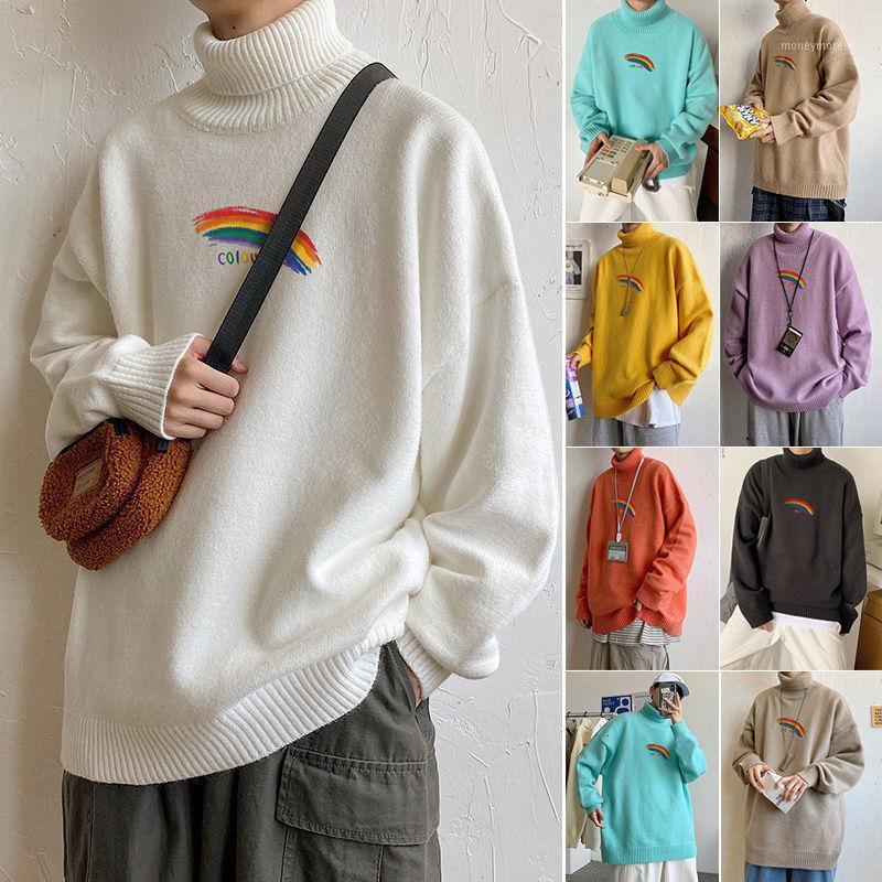 

Neploha 2020 Winter New Men's Thickened Rainbow Printed Sweater Woman Turtleneck Casual Warm Sweater Male Thicken Clothing1, Black