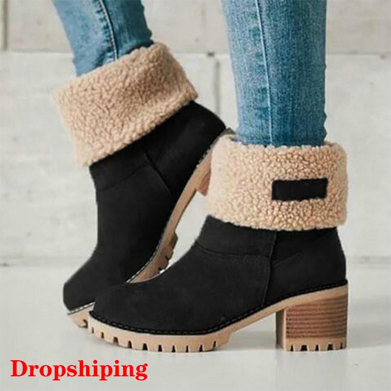 

New Women Boots Winter outdoor keep Warm Fur Boots Waterproof Women Snow Thick heel with round head short Boot Large size