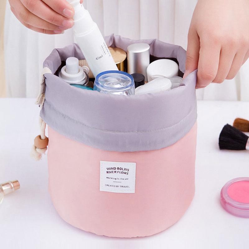 

Portable Travel Barrel Carry Case Large Cosmetic Bags Makeup Toiletry Storage Bag with Drawstring Pockets Rose Red