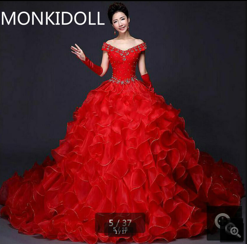 

2021 Luxury red/white organza ball gown wedding dresses ruffled court train heavily beading crystals wedding gowns Free shipping 2021, Same as image