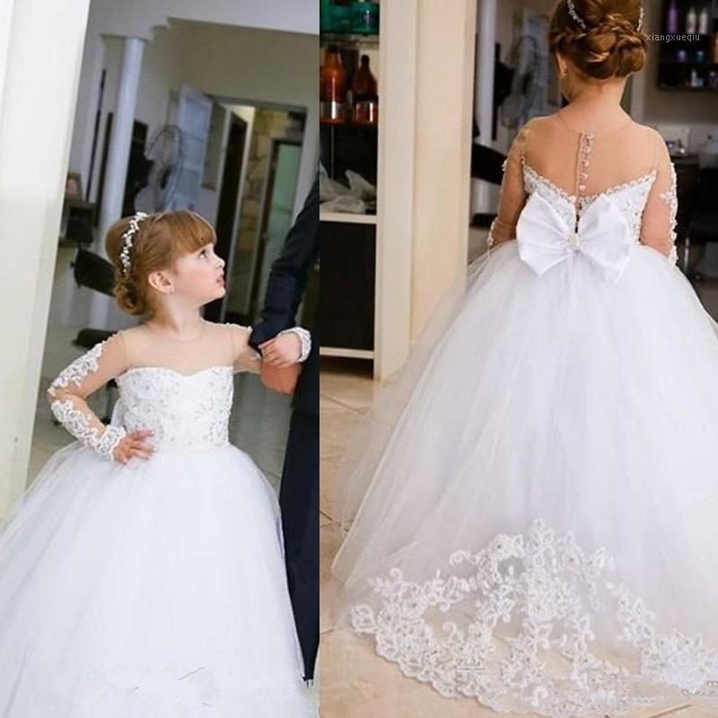 

Sheer Neck 2020 Flower Gilr Dresses Little Girl Wedding Dresses Long Sleeves Lace Beaded Beautiful Child Pageant Gowns1, All ivory