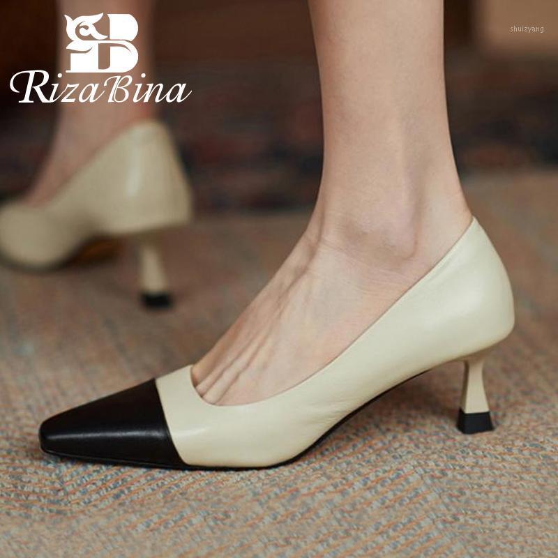 

RIZABINA Size 34-43 2021 New Fashion Women Real Leather Thin High Heel Shoes Sexy Mix Color Pumps Heels Heeled Footwear1, Brown