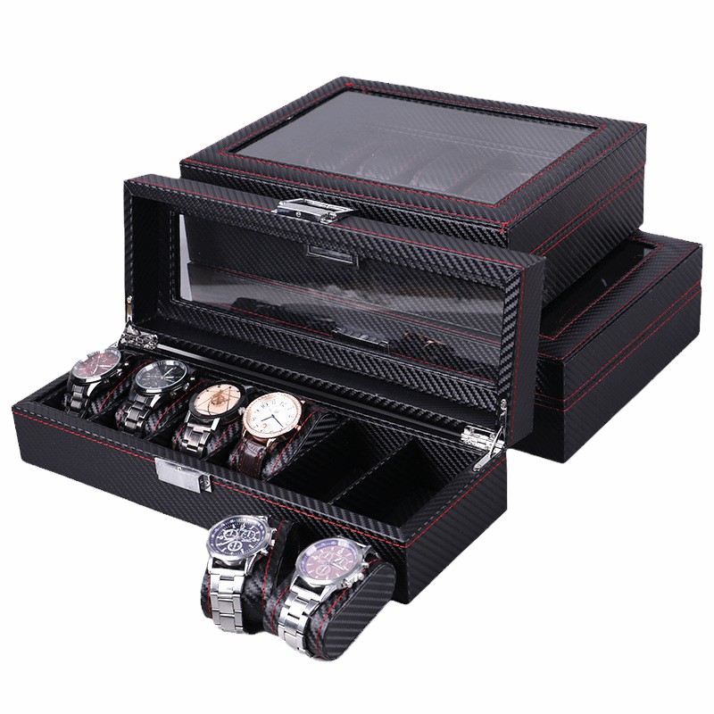 High-end New Lockable Red Sewing Carbon Fiber Black PU Leather Luxury Jewelry Watch Storage Display Packaging Gift Box-image-640336460