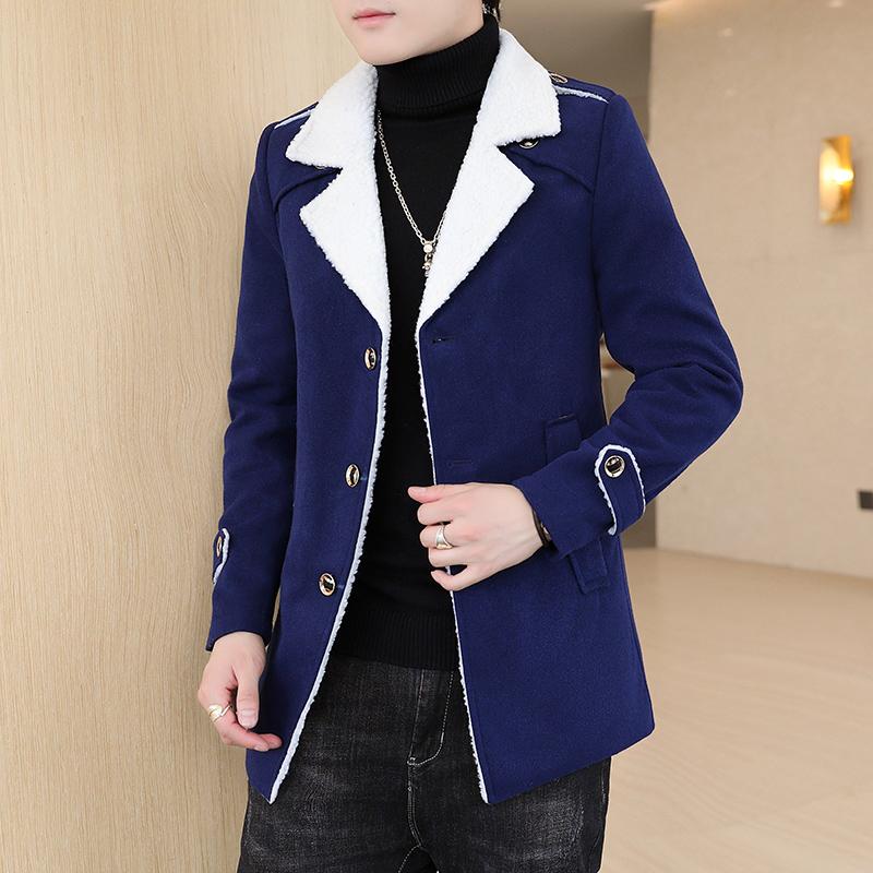 

Men' Trench Coats Red Men Winter Coat Black Blue Overcoat Single-Breasted V-Neck Long Jacket With Velvet To Keep Warm Fashion Outerwear