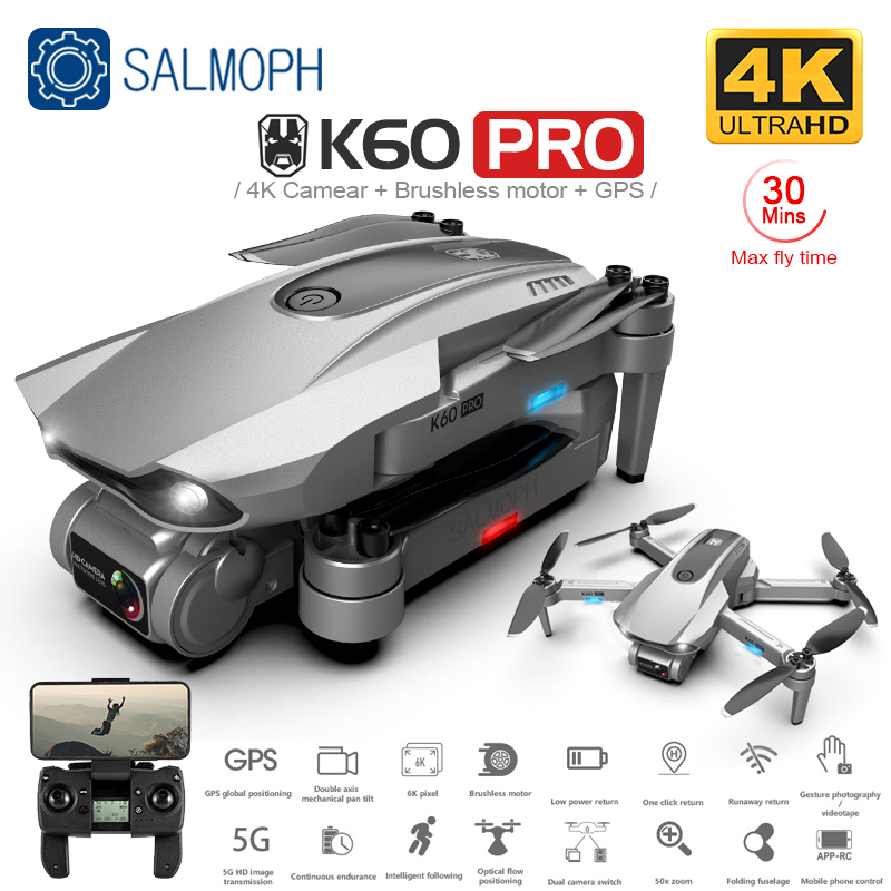 

SALMOPH K60 GPS Drone with 5G Wifi FPV 4K HD Dual Camera Brushless Optical Flow RC Quadcopter Follow Me Mini Dron vs SG108 EX5, Gray