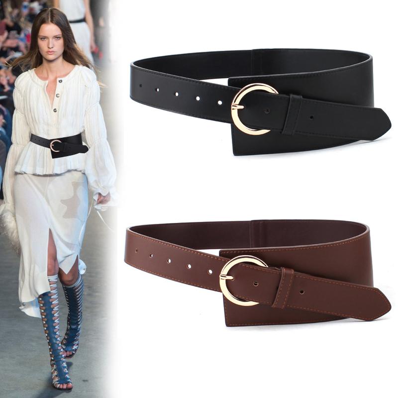 

New GenuineLeather Waist Seal For Women Super Wide Soft Real Leather Gold Pin Buckle Belts Coat Black Cowskin Waistbands Party