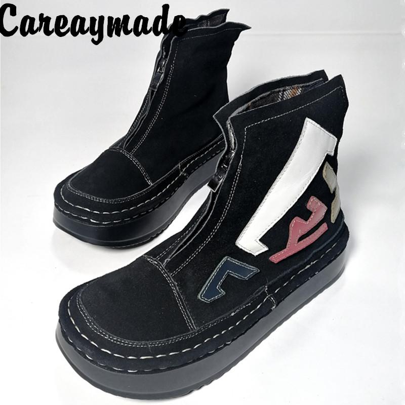 

Careaymade-Winter new genuine leather versatile women's shoes frosted leather short boots thick soled hand sewn boots, Black