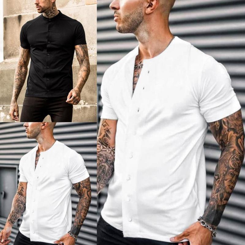 

Men's Casual Shirts 2022 Summer Top Quality Cotton T Shirt Men Solid Color Single-breasted Round Neck Short Sleeve T-shirt For Sports Tops, White;black