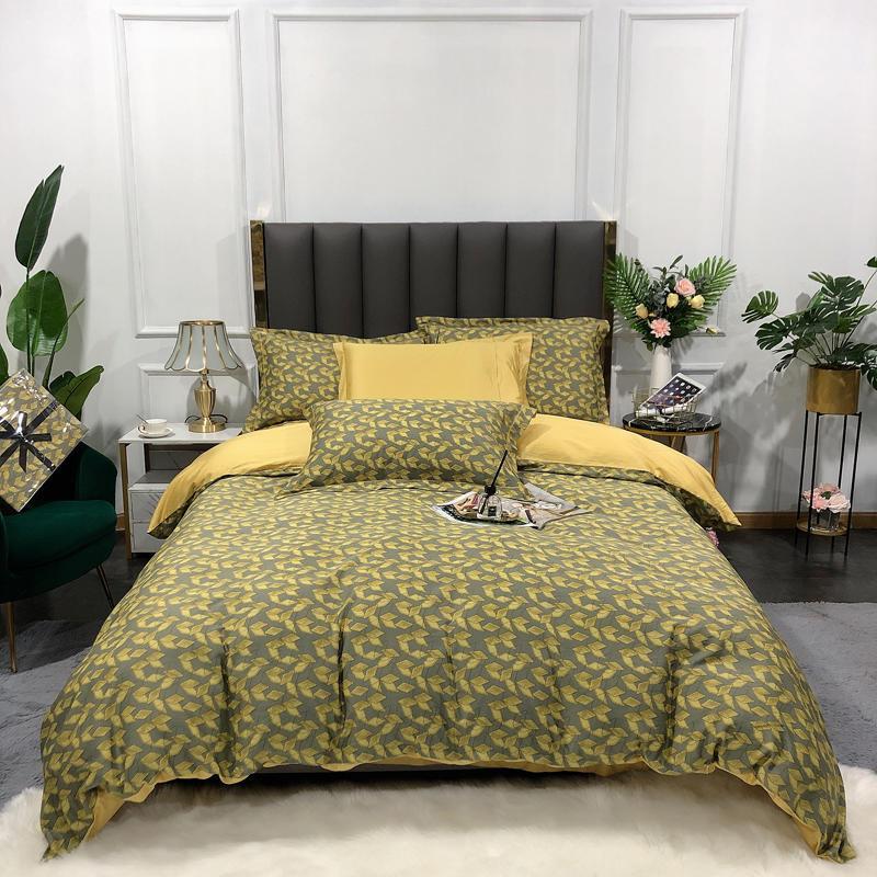 

Gold foil pattern Bedding Set Long-staple Cotton Bed Set Golden yellow Duvet Cover/sheet/pillowcases Queen/King Size Bed1, Colour 4
