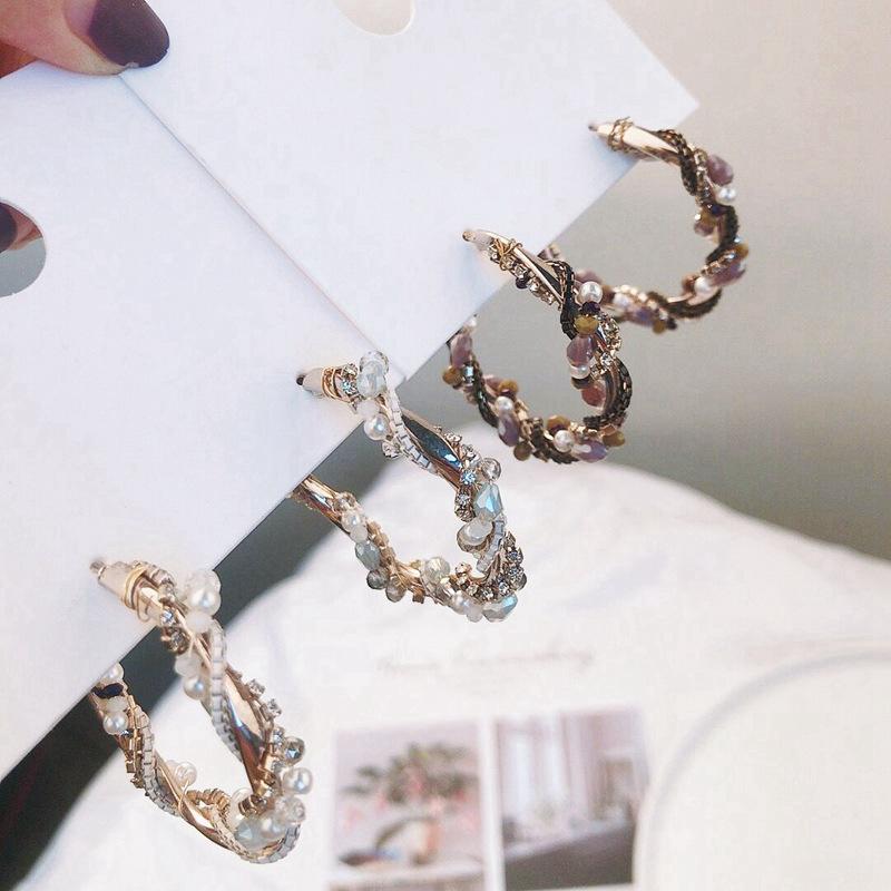 

Korean New Trendy Style Cross Pearl Crystal Hoop Earrings For Female Jewelry Daily Circle Accessories