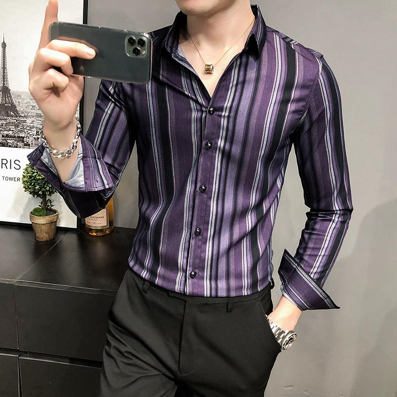 

High Quality Business Formal Wear Men Striped Shirts Long Sleeve Fashion 2020 All Match Slim Fit Casual Club Tuxedo Dress 3XL-M, Purple stripes