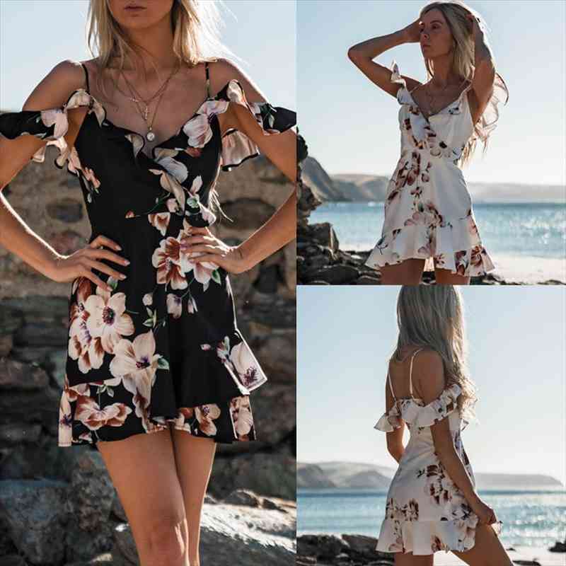 

Women Dress Summer Sexy Off Shoulder Floral Print Chiffon Dress Boho Style Short Beach Dresses Vestidos De Fiesta, Black;gray