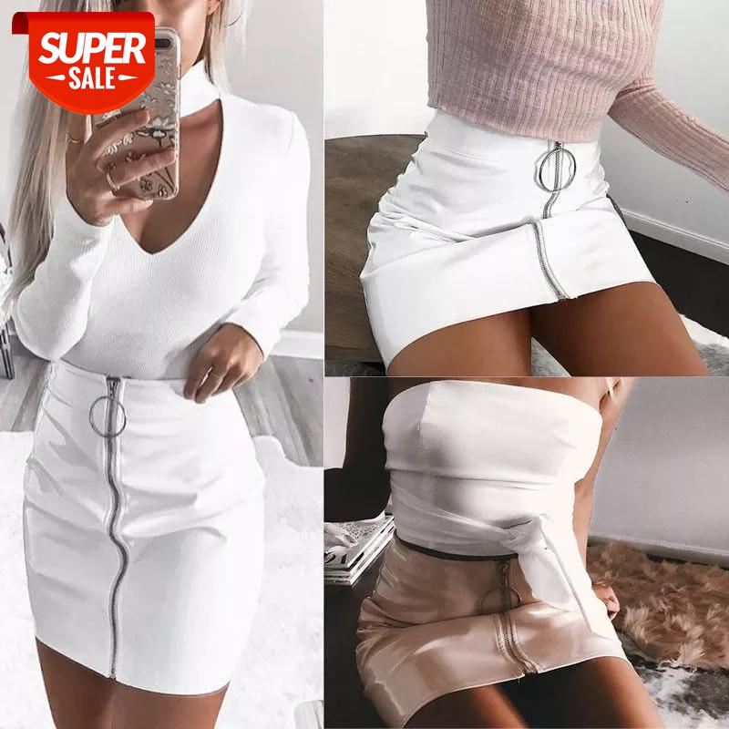 

Meihuida 2019 Summer Women High Waist Circle Zipper Shiny PU Leather Mini Short Pencil Skirt #TH25, White;black
