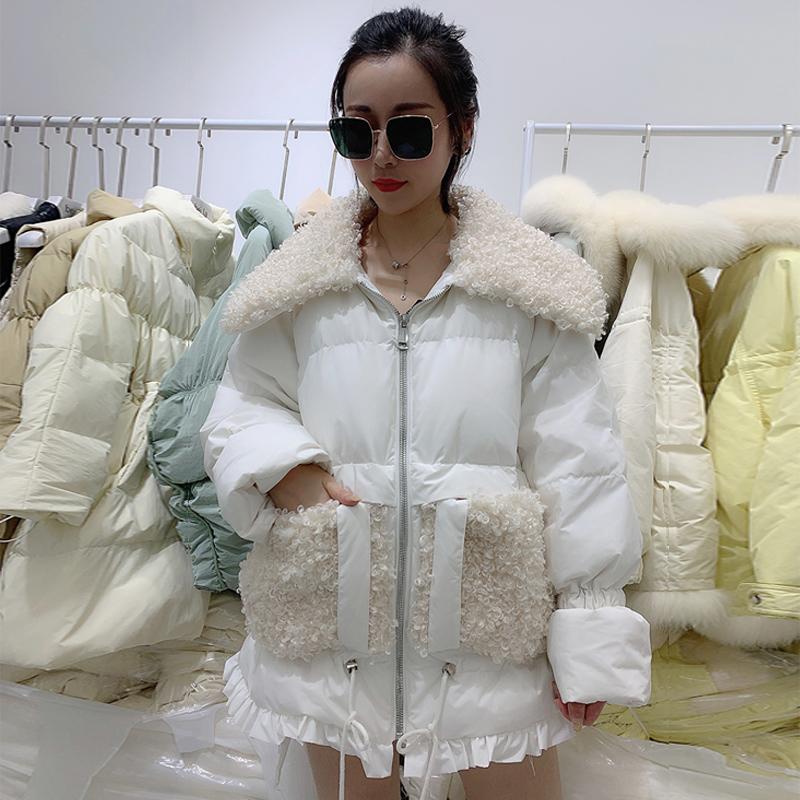 

2020 New Lambswool Stitching Down Coat Thick Warm Fluffy Down Parkas 90% White Duck jacket Female Loose Winter Coat Women, Pink