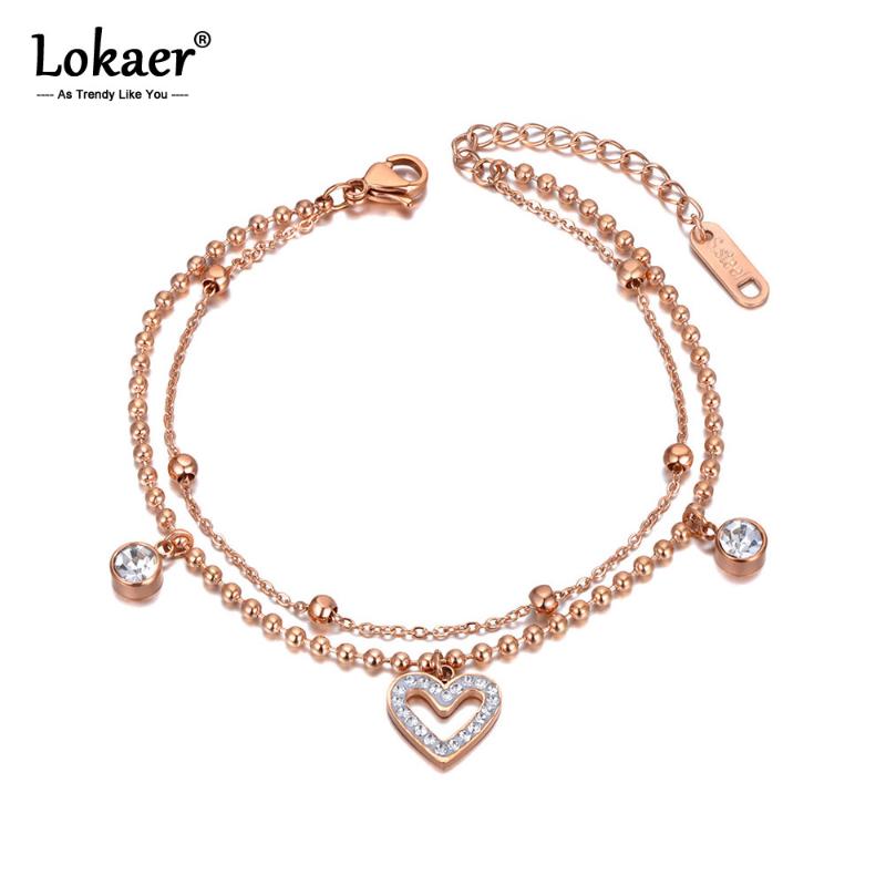 

Lokaer Titanium Stainless Steel CZ Crystal Chain & Link Bracelets For Women Double Layer Bohemia Heart Charm Bracelet B20208