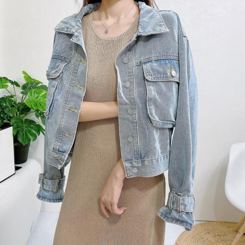 

New Denim Jacket for Women Autumn Jacket Cotton Vintage Washed Denim Loose Single Breasted Large Pocket, Graph coloring
