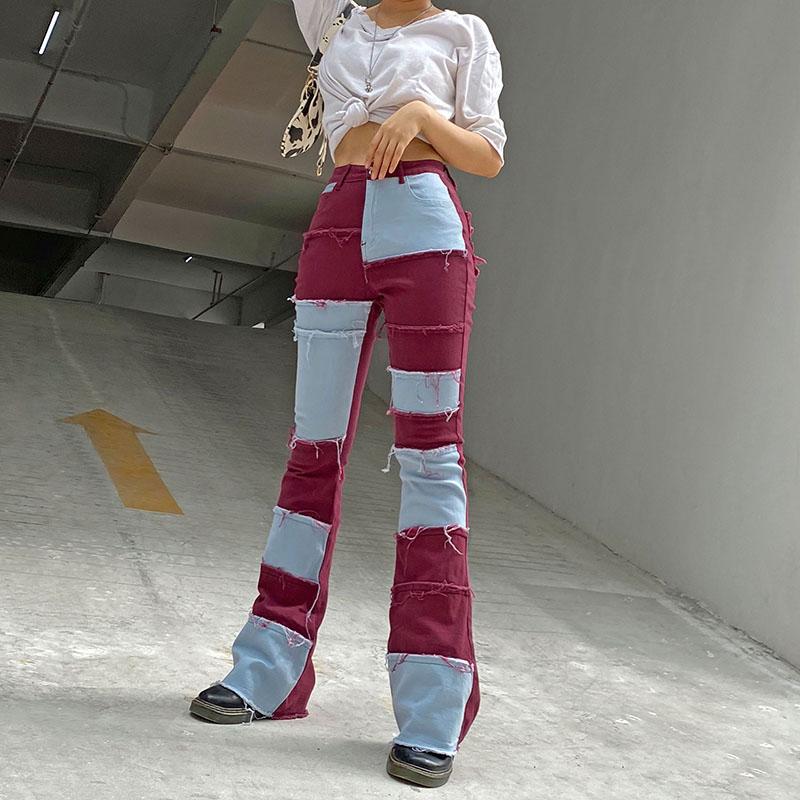 

Women' Patchwork Pants Hight Waist Distressed Straight Denim Jeans Fashionl Ladies Vintage Wide Leg Bottom Long Trousers, Green