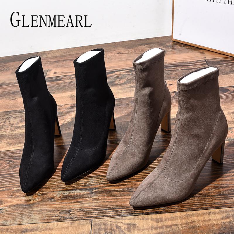 

Women Winter Boots Flock Female Women Shoes High Heel Ankle Boots Pointed Toe Black Brown Shoe Winter Large Size 2020 New
