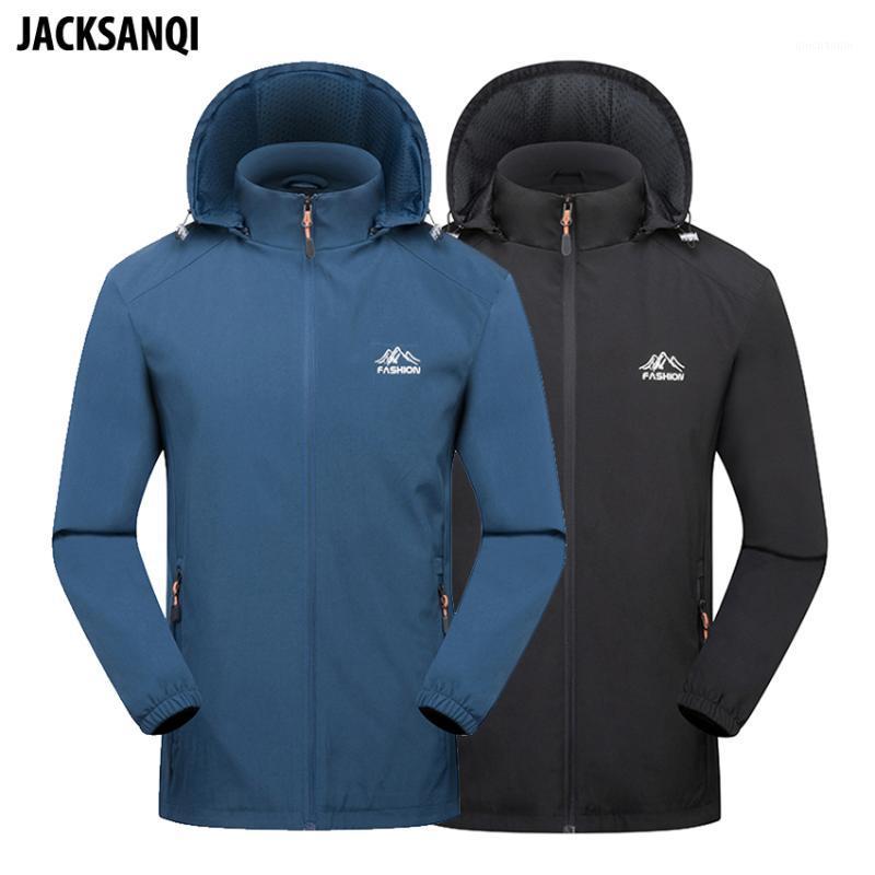 

JACKSANQ Men's Removable Cap Thin Hiking Jackets Breathable Outdoor Sports Climbing Camping Hooded Windbreakers RA4261, Denim blue jacket