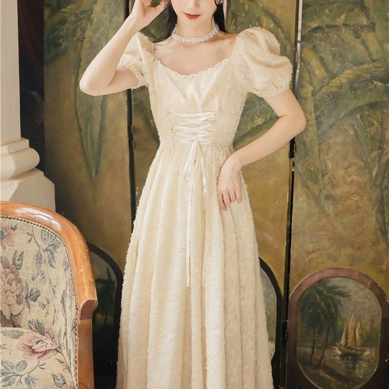 

2021 New Elegant Women A-line Square Collar Sleeve Sweet Korean Style Casual Summer French Retro Vintage N5kx, Apricot