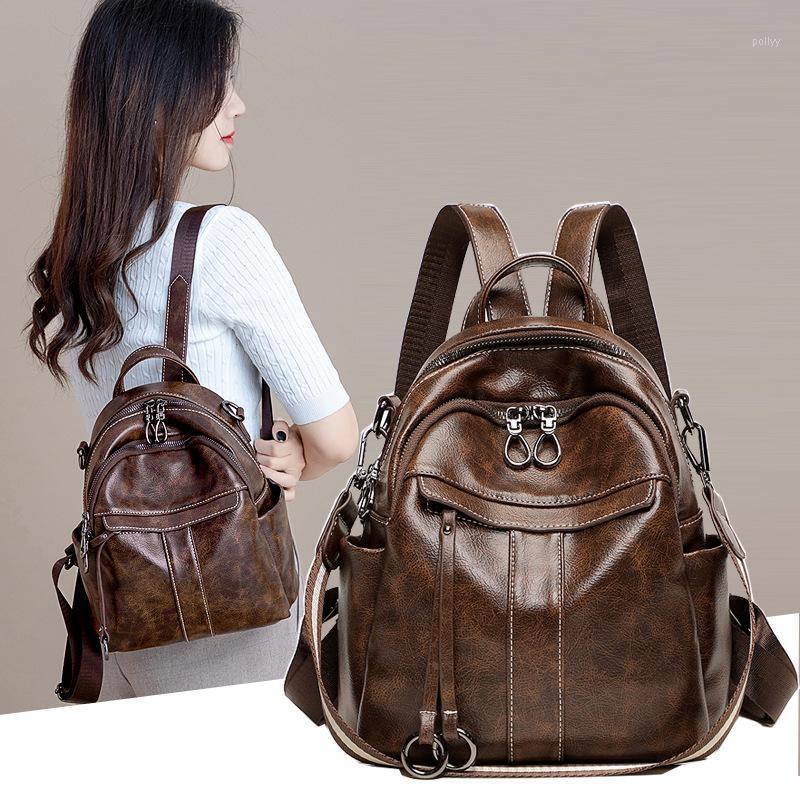 

Fashion Anti-Theft Backpack Female 2020 Autumn New Retro Oil Wax Leather Multi-Purpose Backpack Leisure Travel Bag1, Black-s