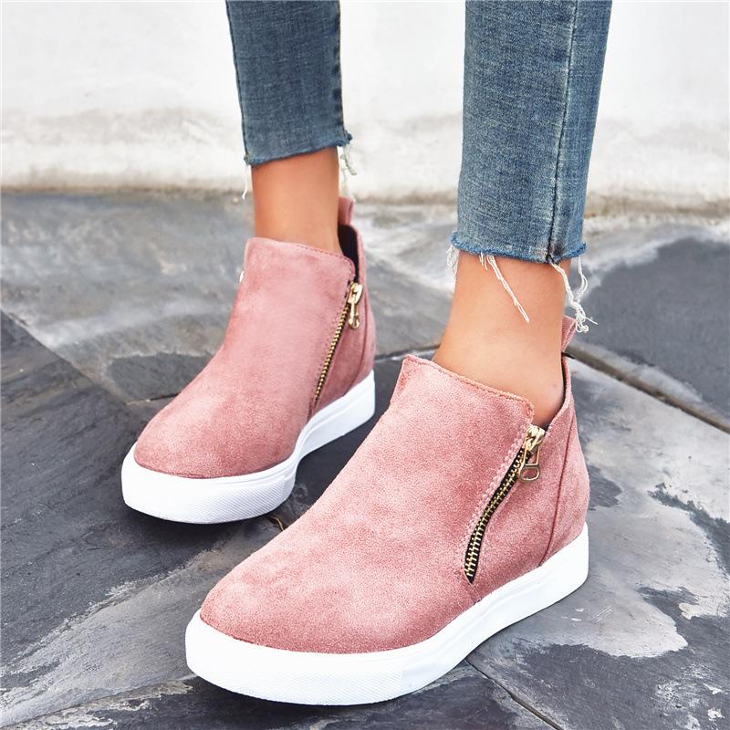 

2021 New Vulcanize Wee Comfort Round Toe Casual Solid Zipper Flat Platform Plus Size Women Sneakers Shoes Pmje, Pink
