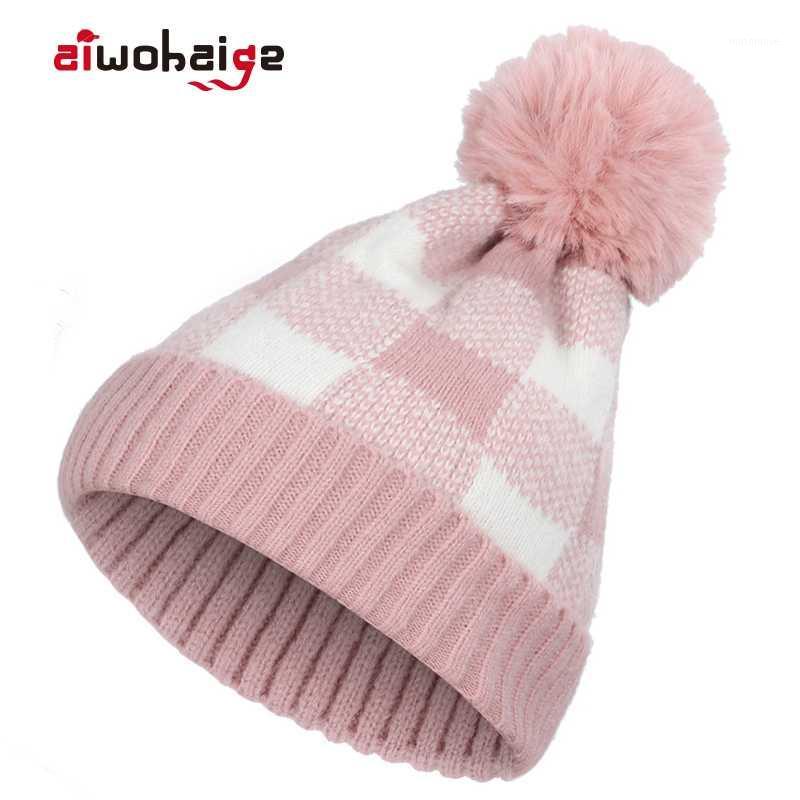 

Winter Beanie Hat Women Pompom Hedging Cap Plaid Knitted Warm Hat Female Wool Casual Soft Beanies Skullies Ski 2019 New Bonnet1, Black