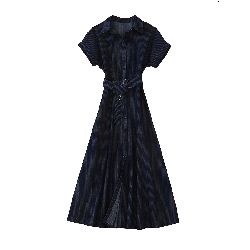 

Summer New Stripe Short Sleeve Single Pocket Breasted Thin Elegant Casual Temperament Long Women Wear High Quality 9eci, Navy blue.