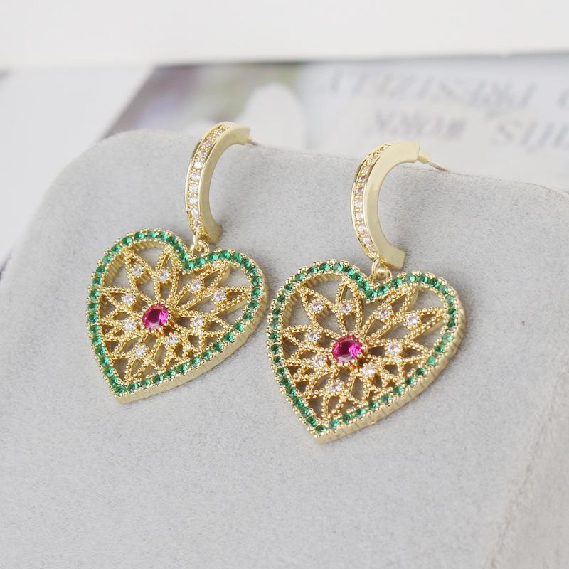 

XF75 Womens Fashion Korean Earrings Jewelry for Women Colorful Zircon Hollow Peach Heart Earrings Gift for Women 2020