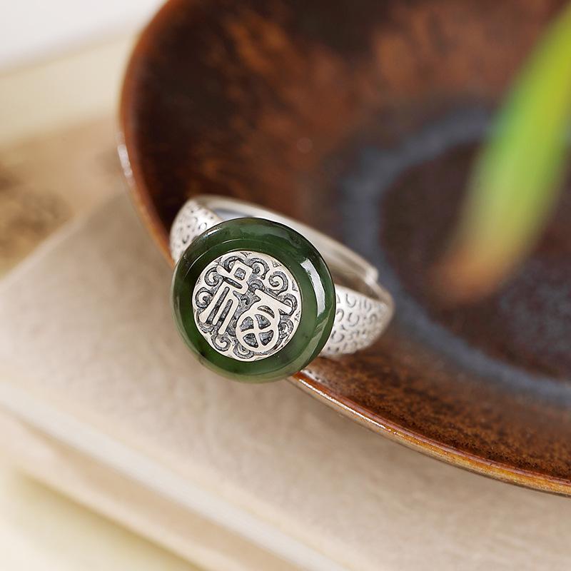 

Silver 925 ring Emerald ring jewelry woman Sterling silver Hetian jade safe buckle with retro blessing opening adjustable