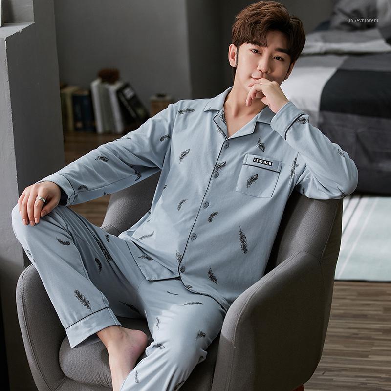 

Autumn Winter Warm Men Pajama Long Sleeve Cardigan Pajama Set Cotton Casual For Men Simple Blue Feather Pattern Sleepwear1, 002