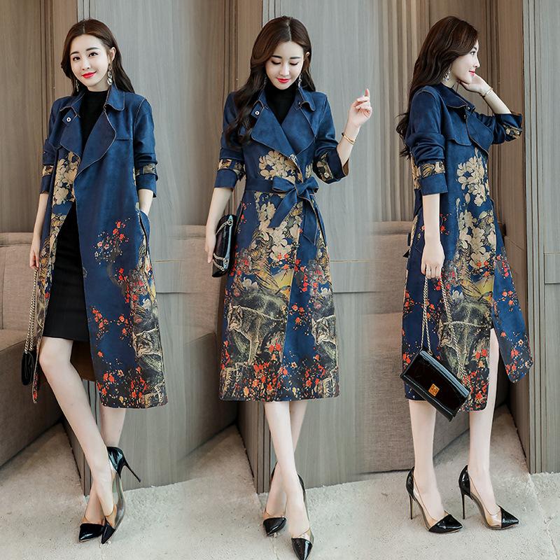

Europe Classic coat Suede Women Windbreaker coats Autumn clothing New Long sleeve Ladies coats slim long printing trench, Gray