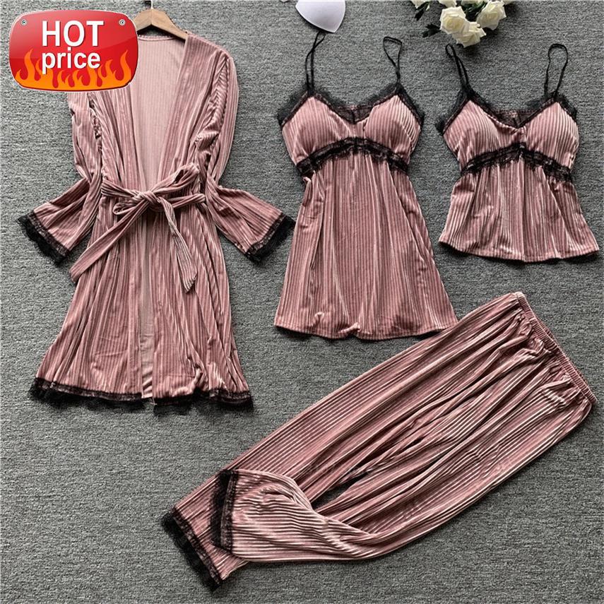 

2020 Winter Home 4Pcs Pajamas Set Women Velvet Long Sleeve Warm Nightwear Robe Nightdress Clothing Lingerie with Chest Pads #Rr54, Black;white