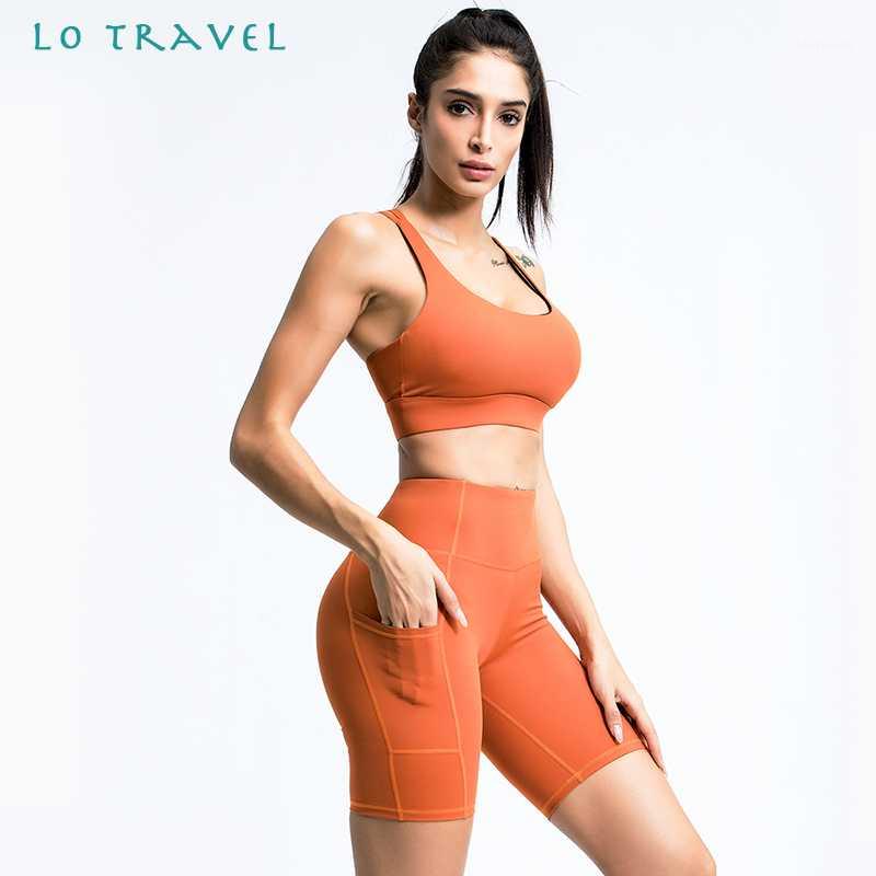 

LOTRAVEL 2020 New women quick-drying beauty back suit high waist pocket show hip gym running fitness training sports yoga set1, Black