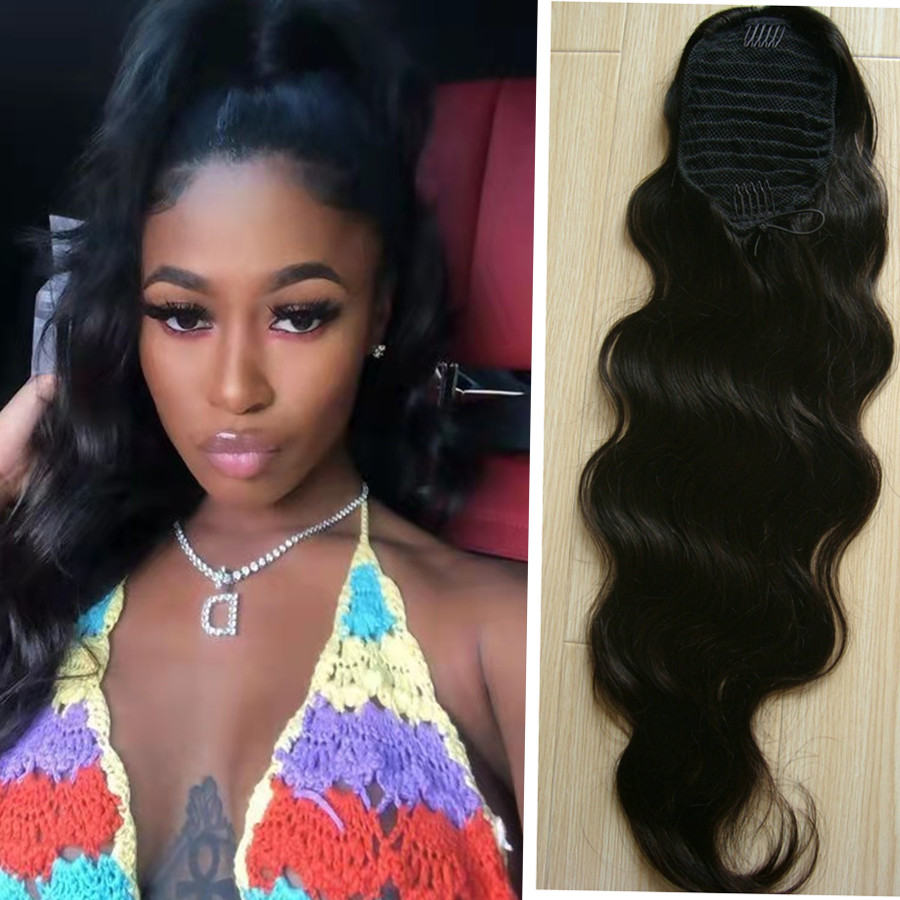 

160g Long high drawstring body wave ponytail hair extension for black women wet wavy jet black color 1 pony tail hairstyle