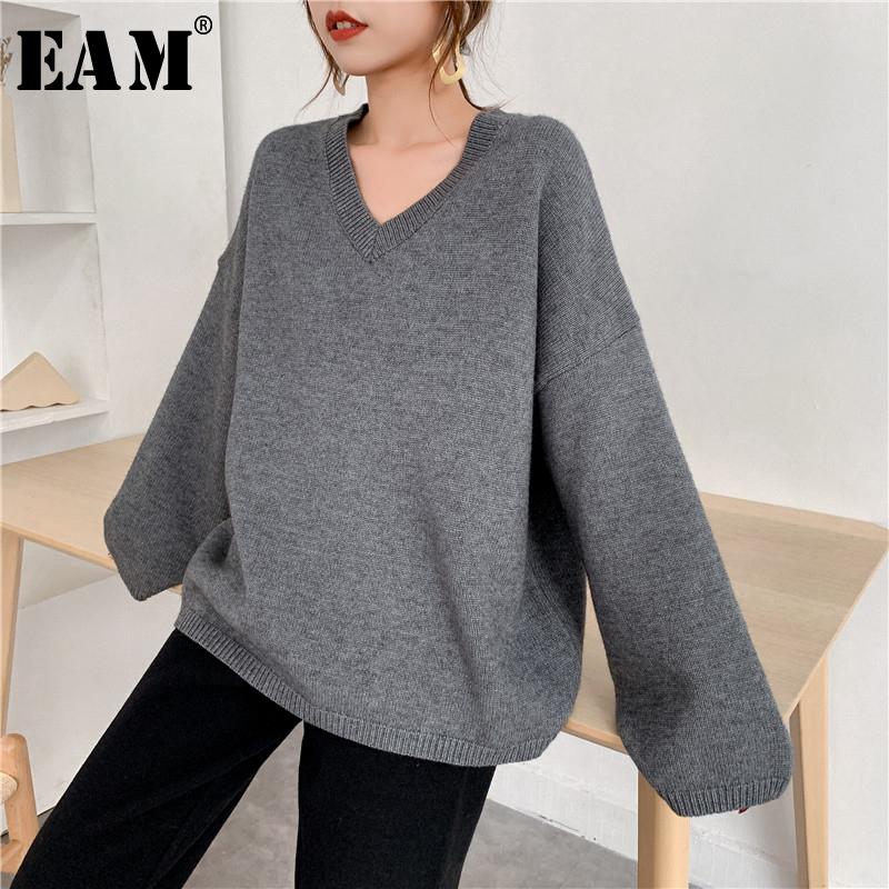 

EAM] Gray Big Size Knitting Sweater Loose Fit V-Neck Long Sleeve Women Pullovers New Fashion Tide Autumn Winter 2020 1Y198, Apricot