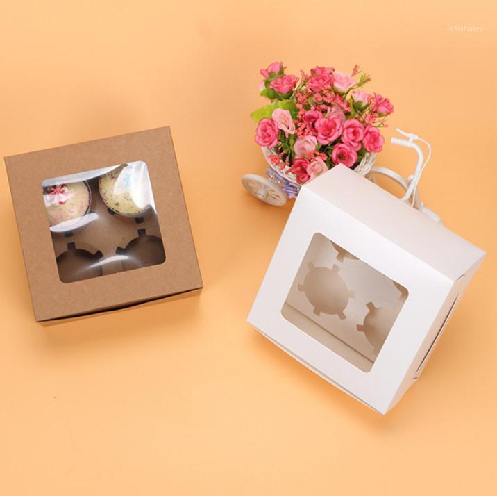 

White Brown Kraft Paper 4 Cupcake Boxes With Window Packaging Boxes SN16691