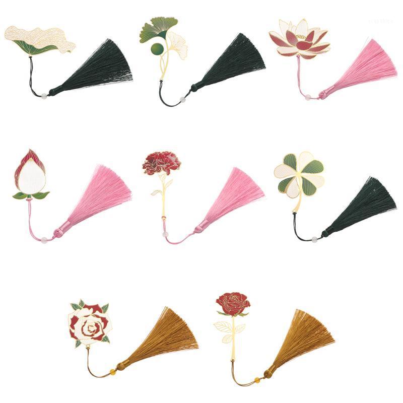 

Retro Metal Hollow Painted Bookmark Chinese Style Lotus Tassel Leaf Bookmark Creative Stationery Office School Supplies1