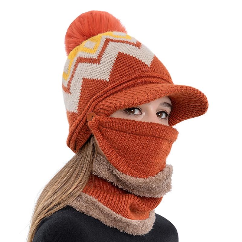 

3 in 1 Winter Beanie Hat Scarf Mask Set Warm Knitted Cap with Circle Scarf Hat Soft Knit for Women Outdoor Caps Set, Bk