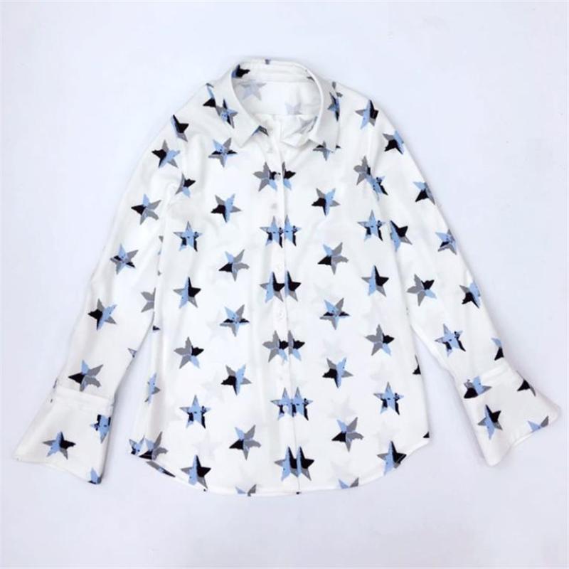 

2020 Spring Autumn Pentagram Printing Shirt Female Lapel Long Sleeve Single Breasted Loose Blouse, White