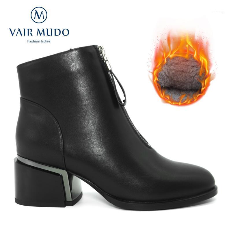 

VAIR MUDO High Heel Ankle Boots Shoes Women Fashion Genuine Leather Thick Heel Round toe Sexy Elegant Lining Short plush DX1051, Black