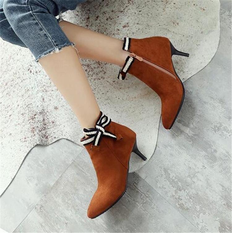 

PXELENA Cute Striped Bowknot Ankle Boots Girls Shoes Flock Stiletto Thin High Heels Short Boots Women 2020 Winter Newest 34-43, Black
