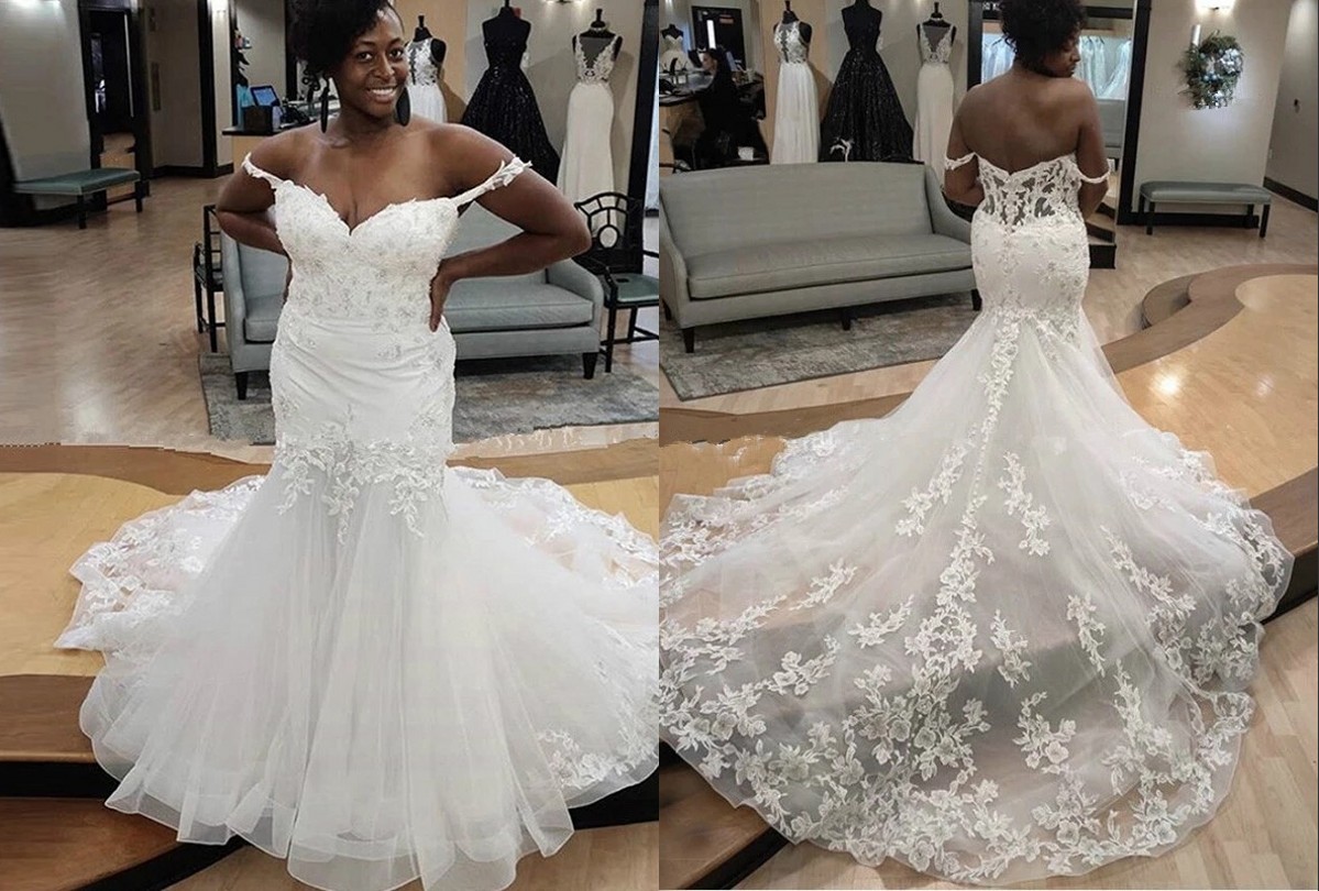 

Amazing Plus size African 2021 Wedding Dress Mermaid Off Shoulders Tulle Applique Hollow Back Court Train Modest Wedding Bridal Gowns New, Gray