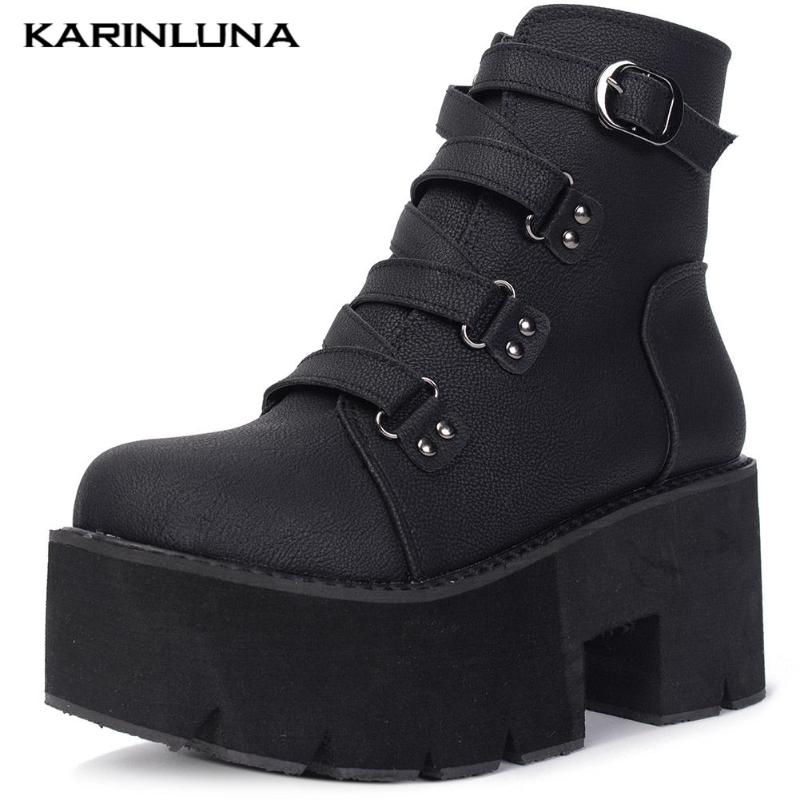 

Karin Fashion Big Size 40 woman shoes PU Buckle Straps Round Toe Platform Square Thick Heels Lace-Up Ankle Boots, Black